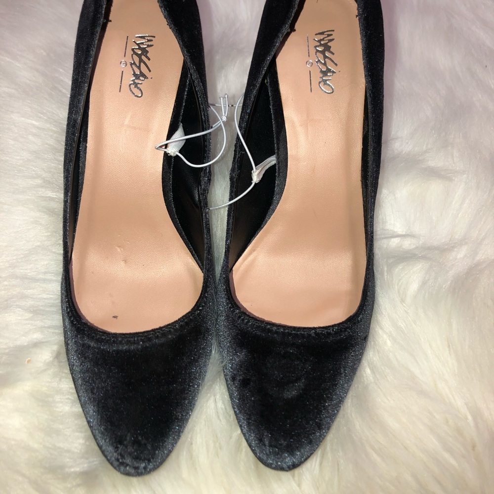 Gray velvet block heels